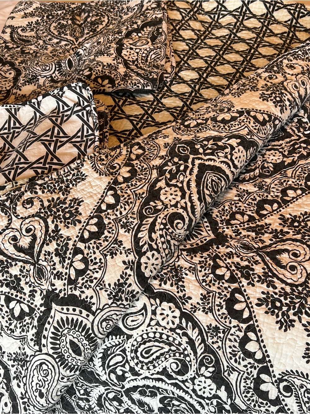 Paisley Geometric Reversible Quilted Bedspread in Black White & Pillow Covers